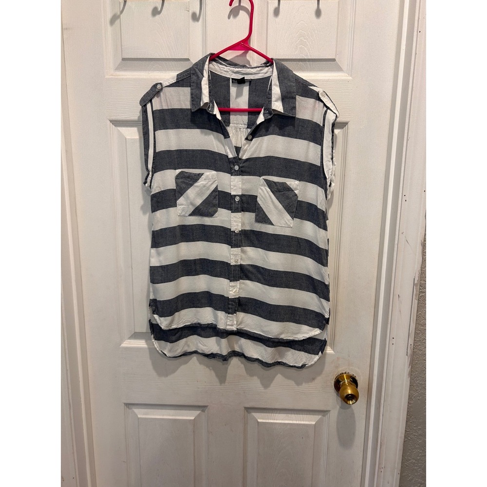 Thread Story Womens Large Blue White Striped Sleeveless Button Up Utility Shirt